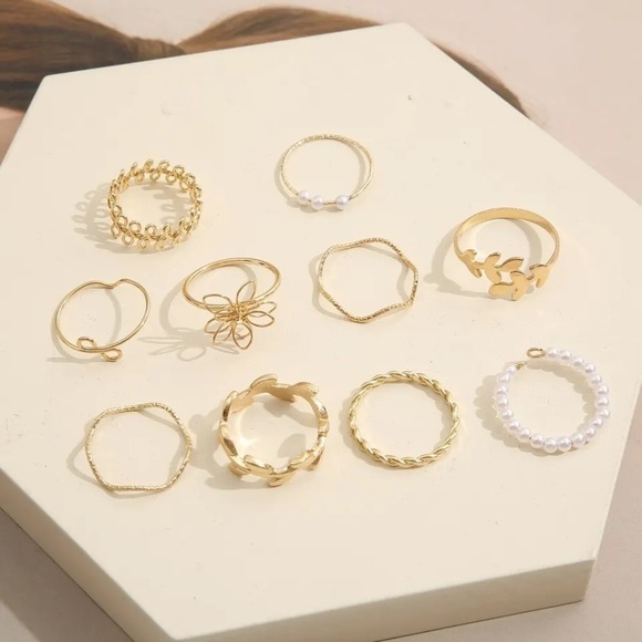 10 PC Golden Leaf Pearl Ring Set - Picture 2 of 5